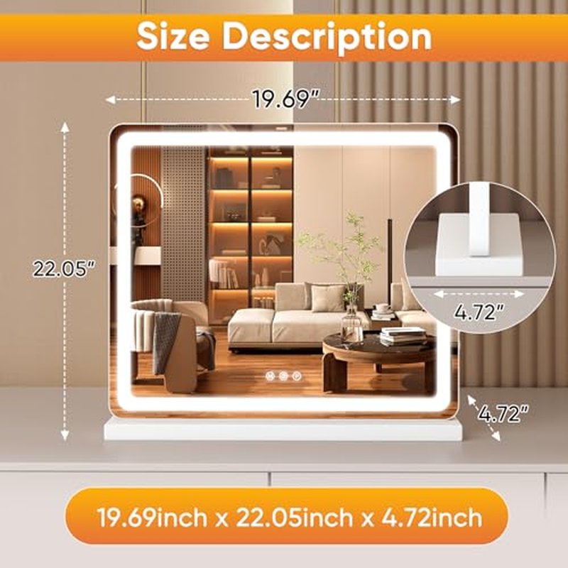 Sweetcrispy 20"x22" LED Vanity Mirror with Lights, Smart Makeup Mirror with Touch Control, 3-Color Lighting