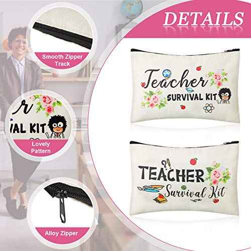 Weewooday 12 Pcs Teacher Appreciation Present Set 6 Teacher Survival Kit Bag Makeup Pouch Pencil Bag, 6 Blessing Card Bracelet Kit(9 x 5.9 Inch,Cute Style)