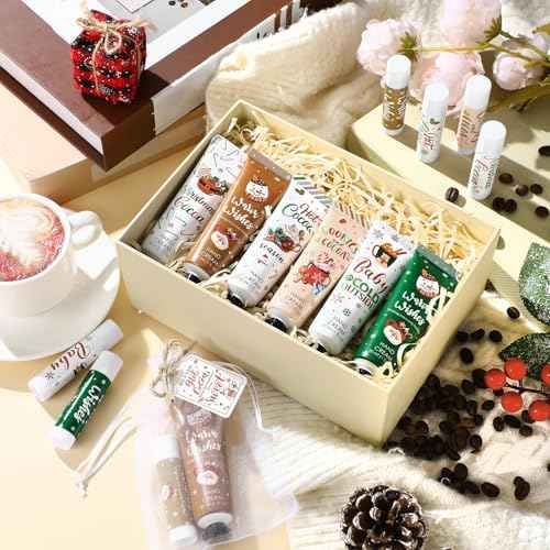 Demissle 12 Pcs Christmas Hot Cocoa Supplies Xmas Party Stuffers Christmas Stocking Favors Xmas Red Green Hand Cream and Lip Balm Gifts Set for Baby Shower Guests