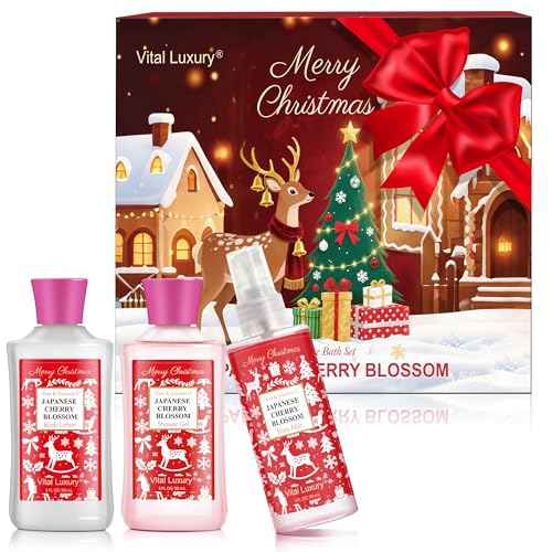 Christmas Bath and Body Gift Set - Festive Japanese Cherry Blossom Spa Kit with Gel, Lotion, Mist, a Must-Have Holiday Gift for Mom, Wife, Sister & Friends to Celebrate Christmas