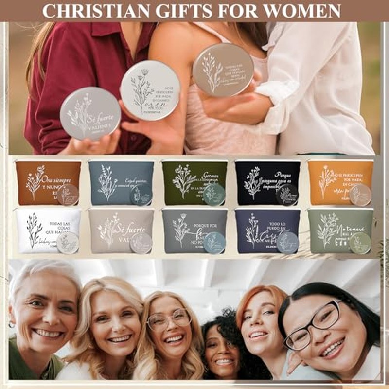 Kacctyen 40 Sets Advent Beauty Calendar Spanish Christian Gifts for Women Regalos Cristianos Para Mujer for Christmas Religious Canvas Makeup Bags with Bible Verse Compact Mirrors (Boho Color)
