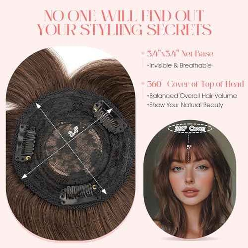 Hairro Mono Hair Toppers with Bangs, 3.4" x 3.4" Mono Base 100% Real Human Hairpieces for Women, 150% Density Clips In Topper for Greyish Thinning Hair, 6 Inch Dark Brown