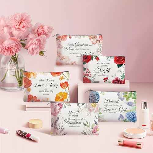 24PCS Christian Canvas Makeup Bags Bulk Inspirational Cosmetic Bags for Women Bible Verse Canvas Zipper Pouch Bulk Religious Makeup Organizer Bags Christian Gifts for Women(Flower)