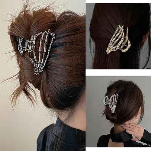 3 Pack Gothic Hair Clips Ghost Hand Hair Claw Clips Metal Skeleton Hair Halloween Accessories for Thick Hair Thin Hair for Women and Girls Cosplay