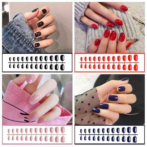 EBANKU 960pcs Short Colorful False Nails for Women Oval Press on Nails Glossy Acrylic Full Cover Artificial Fake Nail Tips with Nail File Nail Stick