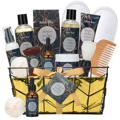 Fathers day gift baskets Birthday Day Gifts for Him Spa Gift Basket for Men, Body Wash, 13pcs Sandalwood Oak Moss Bath and Beard Kit for Men with Beard Brush, Christmas Gifts Spa Kits for Man dad