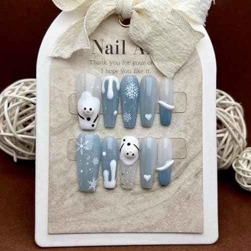 Christmas nail art handcrafted wearing armor, blue snowman fresh and cute, detachable phototherapy nail patch 10pcs (Size : L)