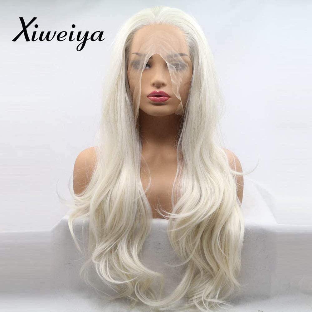 Xiweiya wigs Long Platinum Blonde Natural Wavy Wig 60# White Color Cosplay Hair Synthetic Lace Front Wig White Color wig with Heat Resistant Fiber for Women, Drag Queen Family Makeup Party 24 Inch