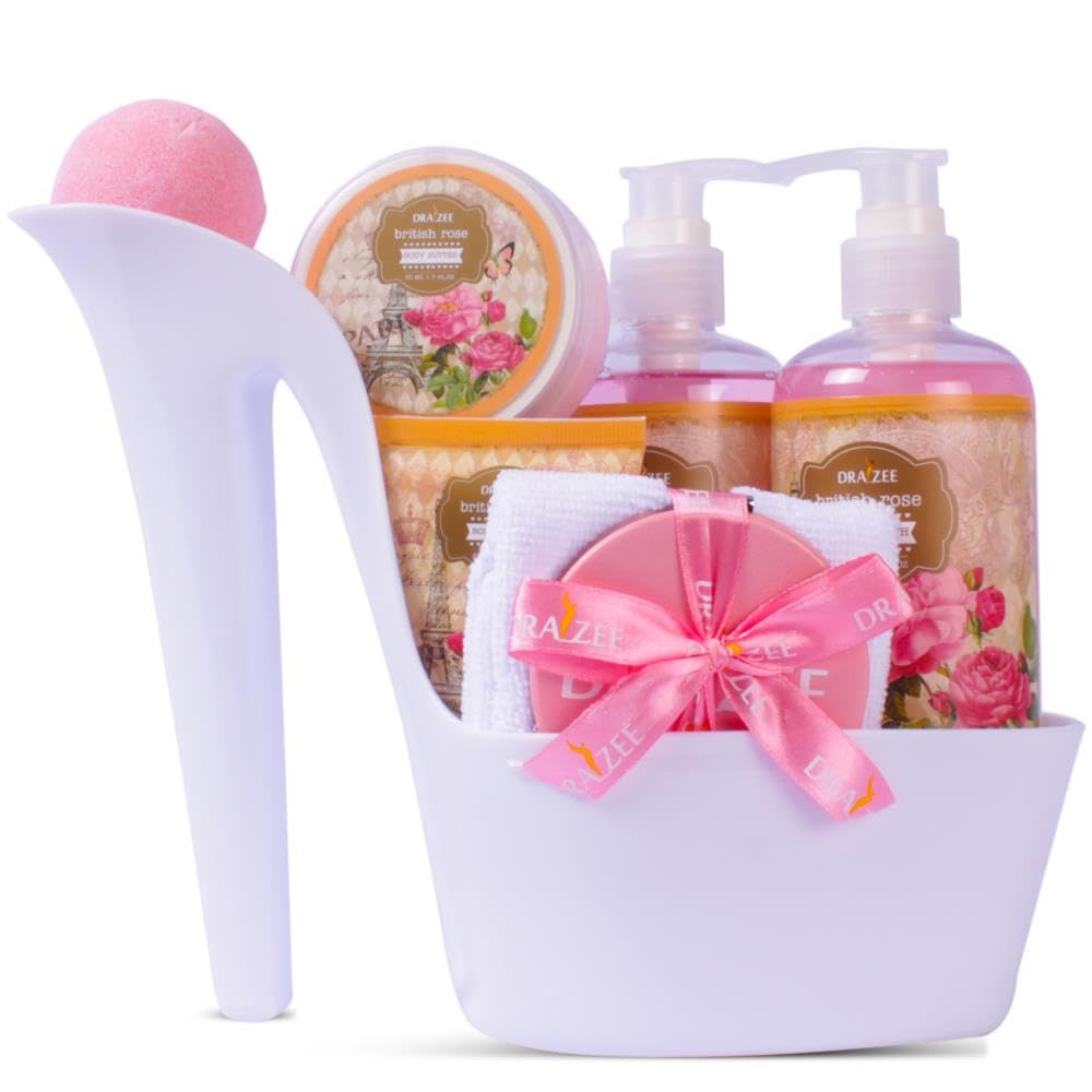 Draizee Heel Shoe Spa Gift Basket for Women, 8 Pc British Rose Scented