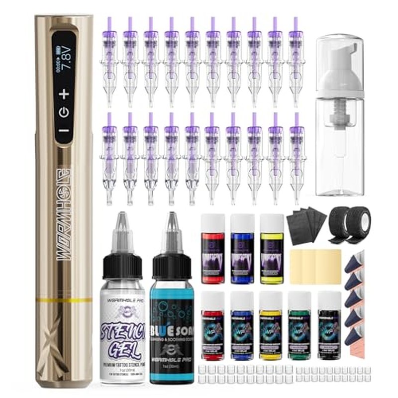 Wormhole Tattoo Gun 83pcs Tattoo Kit Complete Wireless Tattoo Pen Kit with Regular & UV Fluorescent Tattoo Ink Tattoo Supplies for Eyebrow Small Tattoos WTK384 New