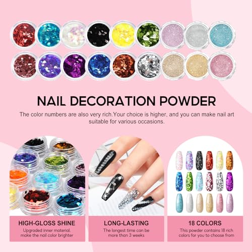 Acrylic Nail Kit for Beginners with Everything 3pc Professional Acrylics Powder 6pcs Gel Nail Polish 18pcs Glitter Decoration Powder Nails Kit Acrylic Set with Tips Nail Light and Drill DIY Gifts