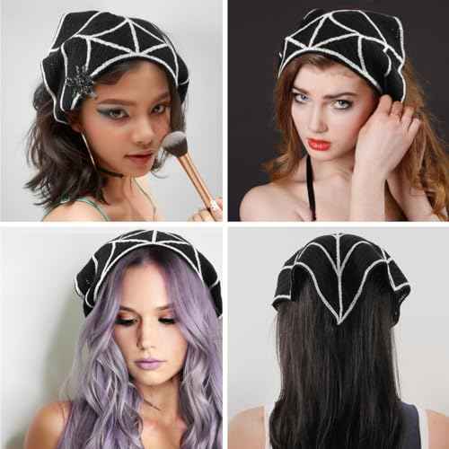 Gothic Cotton Headbands for Women, Spooky Crochet Bandana Knitted Headband with Gothic Hair Accessories Halloween, Wicked Hair Spider Rhinestone Barrettes Triangle Scarf Alternative Accessories