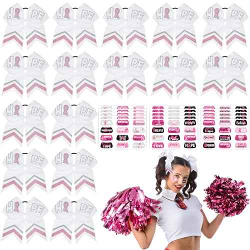16 Pcs 8" Large Cheer Hair Bow and 15 Sheets Breast Cancer Awareness Temporary Tattoos Ribbon Stickers for Fundraising Party Teen Girls College Cheerleading Decoration(White Ribbon)