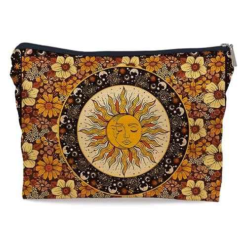 Ayxvt Sun and Moon Makeup Bag, Hippie Flower Pouch Floral Cosmetic Bag, Boho Gifts for Women Teen Girls