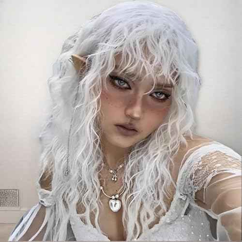 White Curly Wigs with Bangs for Women Long Soft Curly Wavy Wigs Natural Synthetic Hair Party Halloween Costume Cosplay Wigs