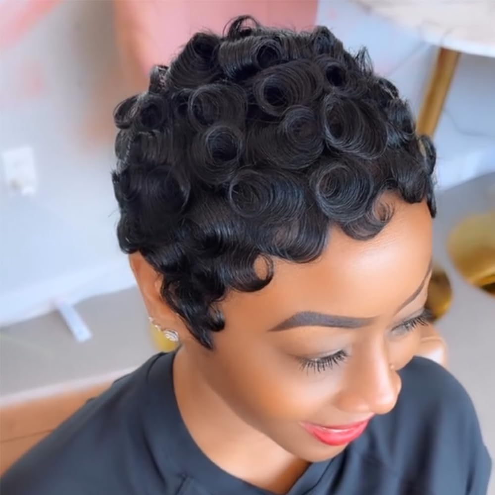 SeFiSha Short Layered Pixie Cut Wig Human Hair Wear and Go Glueless Curly Human Hair Wigs With Bangs for Women Full Machine Made None Lace Front Wigs Human Hair Natural Black Color