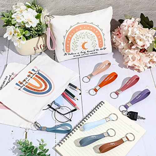 Fumete 40 Pcs Teacher Gift Inspirational Rainbow Makeup Bag Rainbow Silicone Keychains Bulk Zipper Canvas Teacher Pencil Pouch for Employee Appreciation Thank You Gifts Thanksgiving Christmas