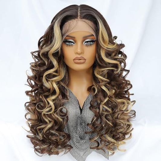 Felek Honey Blonde Wig Long Synthetic Loose Wave Lace Front Wigs for Black and White Women Ombre Brown 13x6 HD Transparent Lace Frontal Wigs Pre Plucked Wear and Go Glueless Curly Wig 24 inch P4/27