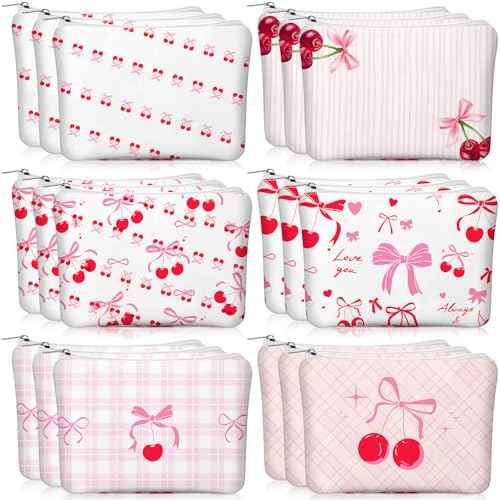 Kacctyen 18 Pcs Pink Cherry Bow Coquette Makeup Bag Cute Bow Canvas Cosmetic Bag for Women Girl with Zipper Aesthetic Travel Stuff Small Pouch for Birthday Party Favor