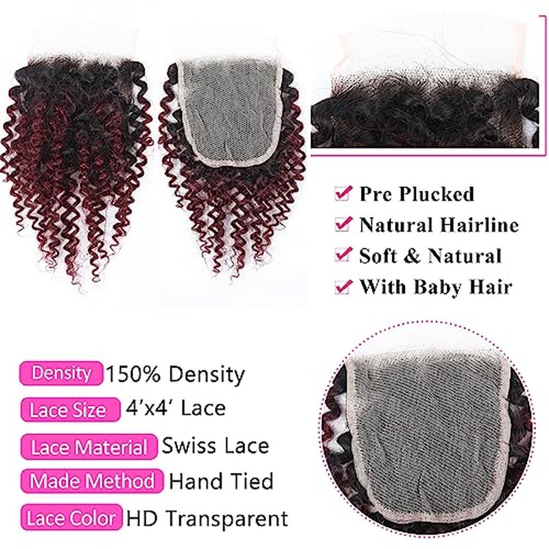 1b/99j Curly Human Hair Bundles and Closure(10 10 10+10) Kinky Curly Bundles Human Hair Brazilian Virgin Ombre 99j Burgundy Red Human Hair 3 Bundles with 4x4 Closure 50 Gram/Bundle
