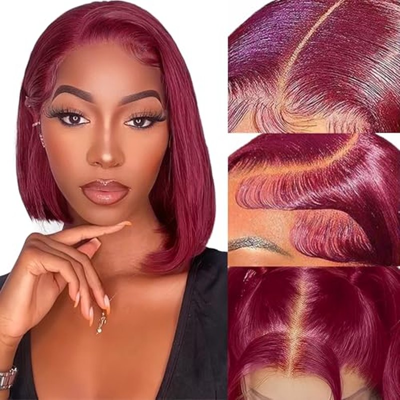 99j Burgundy Bob Wig Human Hair 13x4 Lace Front Wigs 12 Inch Short Straight Wine Red Bob Wig Pre Plucked 180% Density Natural Hairline Wigs for Black Women