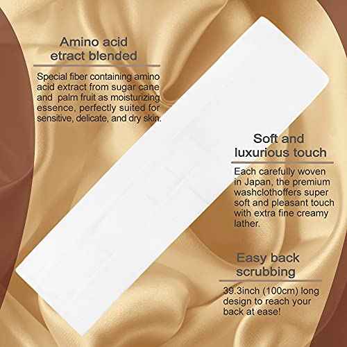 Super Soft Exfoliating Washcloth [Made in Japan] Shower Back Scrubber with Amino Acid Extract Blended as Moisturizing Essence, Exfoliating Towel for Sensitive Skin (Amino Acid Blended)