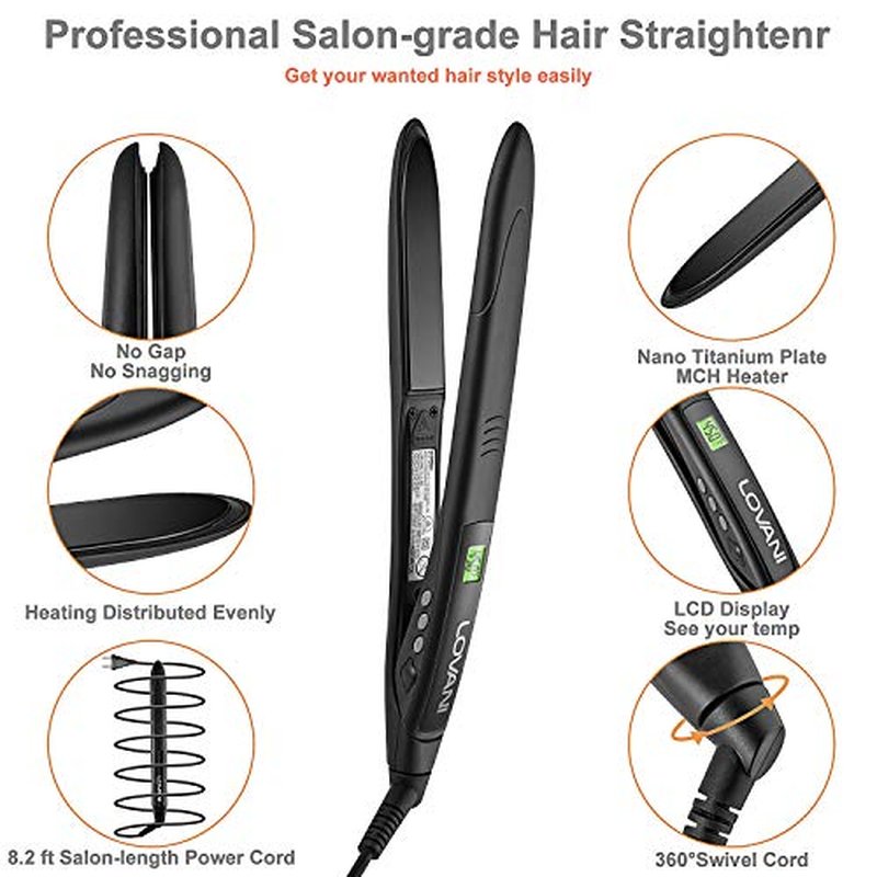LOVANI Titanium Flat Iron, 450F High Heat Hair Straightener with Digital LCD, Dual Voltage, Auto Shut Off, Heat Resistant Bag, Glove and 2 Hair Clips (7 Piece Set), Black