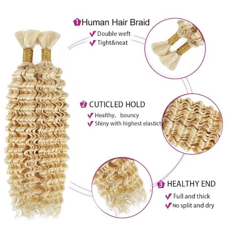 #613 Blonde Human Braiding Hair Deep Wave Bulk 22 22 22 Inch Human Hair Weave 3 Bundle Unprocessed Brazilian Virgin Hair Honey Blonde Deep Curly Braiding Hair Extensions 50 Grams/Bundle