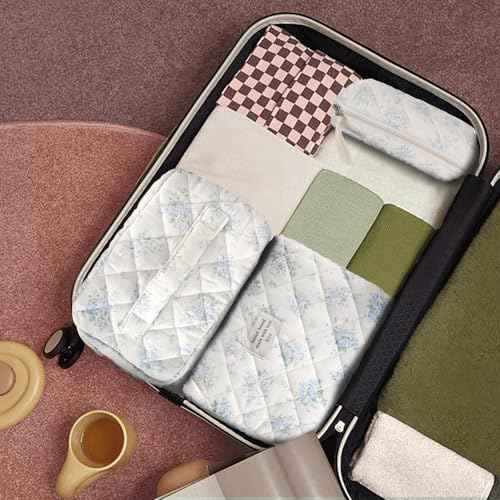 3Pcs Cotton Quilted Makeup Bag Large Travel Cosmetic Bag Coquette Makeup Pouch Cute Aesthetic Floral Toiletry Bag for Women Girls (flower-T)