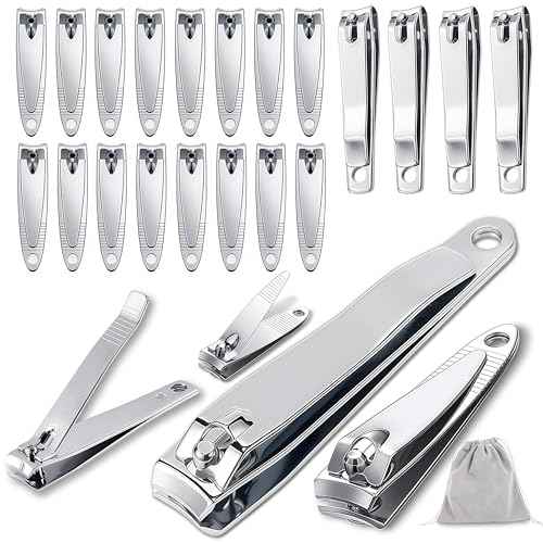 20-Pack Stainless Steel Fingernail Toenail Nail Clippers Bulk Set - 16 Small +4 Medium Size Nail Care Set Toe & Finger Nail Clipper for Men/Women Travel, Homeless Care Supplies