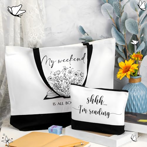 Buryeah 2 Pcs Book Lovers Gifts for Women Reusable Tote Bag Makeup Bag with Metal Zipper Book Club Gifts for Bookish Teacher Librarian Library Readers