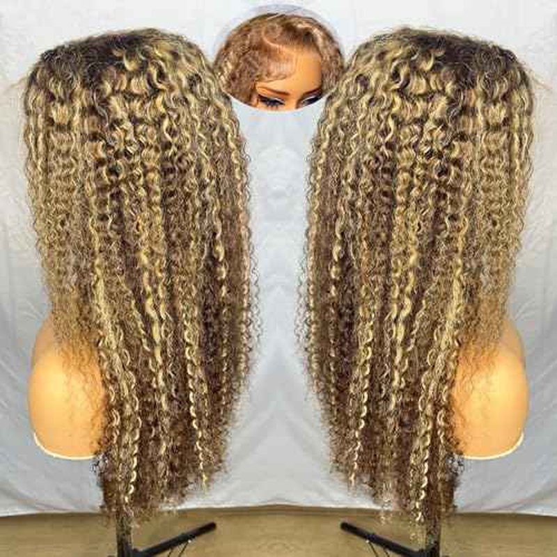 30 Inch Honey Blonde Curly Wig Human Hair Jerry Curly 200 Density 13x6 HD Lace Front Wigs Human Hair Pre Plucked Highlight Ombre HD Lace Frontal Wig 4/27 Curly Wigs For Black Women Wet And Wavy Wig