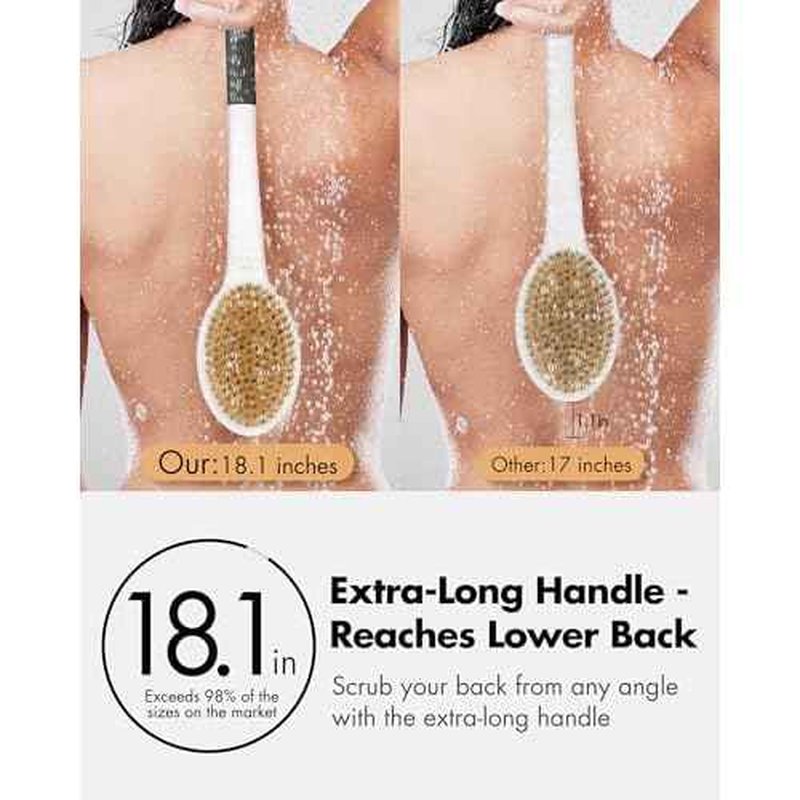 Back Scrubber Anti Slip for Shower: 18.1'' Long Handle Bath Brush with Stiff and Soft Bristles Body Exfoliator Wet or Dry Brushing for Women, Men, Elderly (Charcoal Gray)