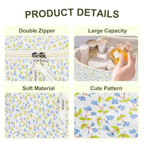 4Pcs Quilted Makeup Bag Set Cute Floral Cosmetic Bag Cotton Coquette Make up Bag Aesthetic Travel Toiletry Bag for Women Girls