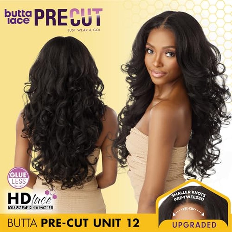 Sensationnel Butta Lace Precut Wigs - Unit 12 Glueless Extra Wide 5 Inch Deep Parting Synthetic Pre Tweezed Smaller Knot Hairline (1 JETBLACK)
