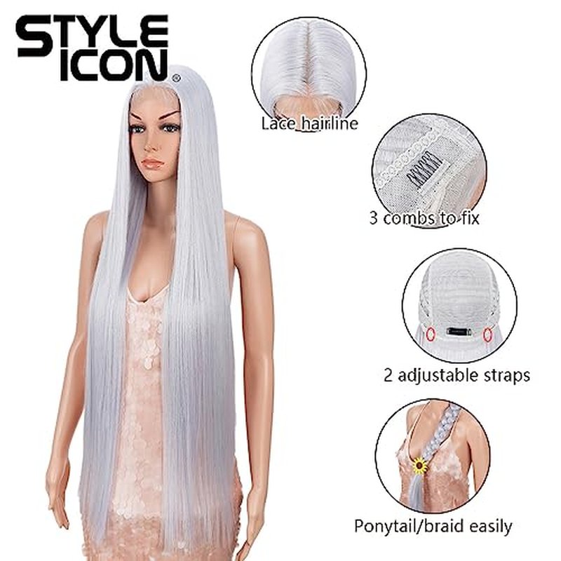 Style Icon 38" Silver Grey Wig Super Long Straight Wigs 6" Deeper Middle Part Lace Lace Front Wigs Silver Grey Long Straight Wig (38", THISTLE)