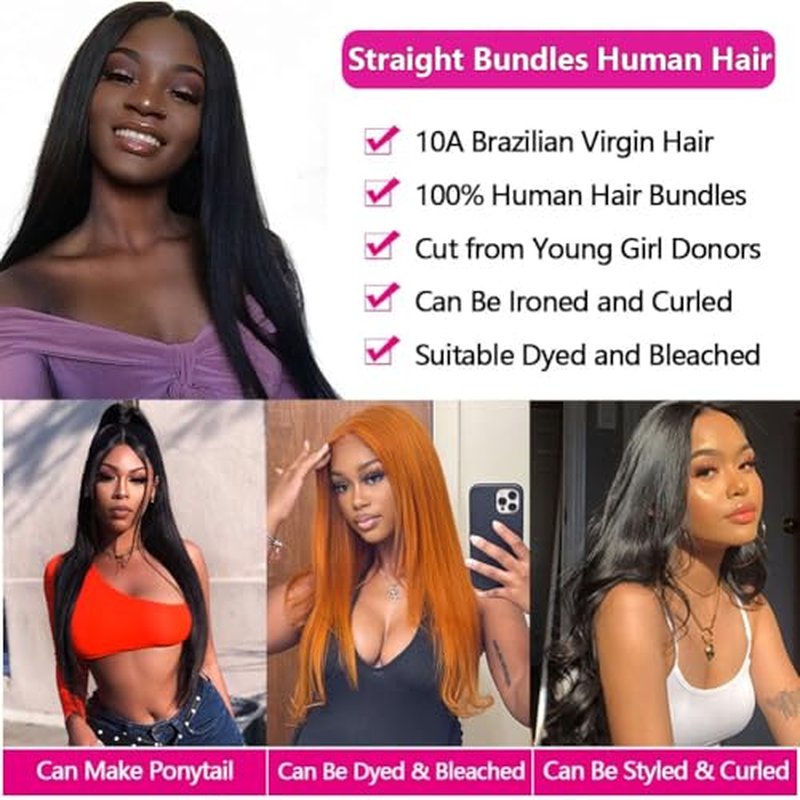 10A Brazilian Straight Human Hair 3 Bundles 10 12 14 Inch Straight Bundles Human Hair 100% Unprocessed Virgin Hair Weave Bundles Deals Hair 1B Black