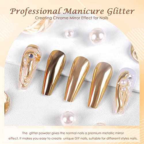Laza Chrome Nail Powder Mirror Effect Metallic Dust Holographic Glitter Glazed Manicure Decoration Reflective Pigment for DIY Gel Polish Nail Art, Resin Craft, Gifts - Gold
