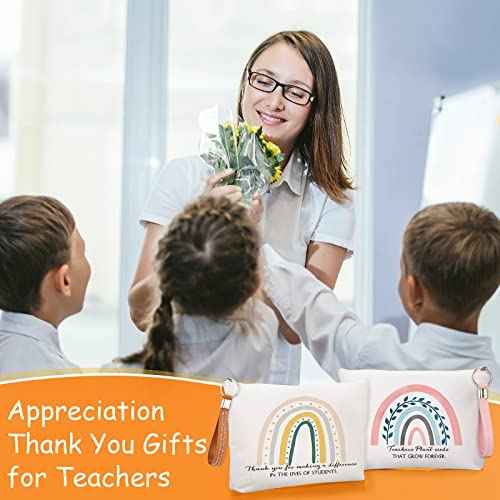 Fumete 40 Pcs Teacher Gift Inspirational Rainbow Makeup Bag Rainbow Silicone Keychains Bulk Zipper Canvas Teacher Pencil Pouch for Employee Appreciation Thank You Gifts Thanksgiving Christmas