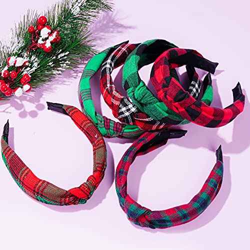 SUMERSHA 6pcs Christmas Knotted Headbands Buffalo Plaid Headband Wide Top Knot Hair Bands Non-slip Turban Head Bands Fashion Women Girls Hair Accessories for Birthdays Christmas Parties