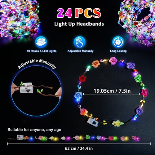 24 PCS LED Flower Crowns Headbands, Light Up Flower Crowns for Women & Girls, Glow in The Dark Flower Hairbands Wreath for Wedding Beach Party Birthday Cosplay Gifts, Halloween, Christmas