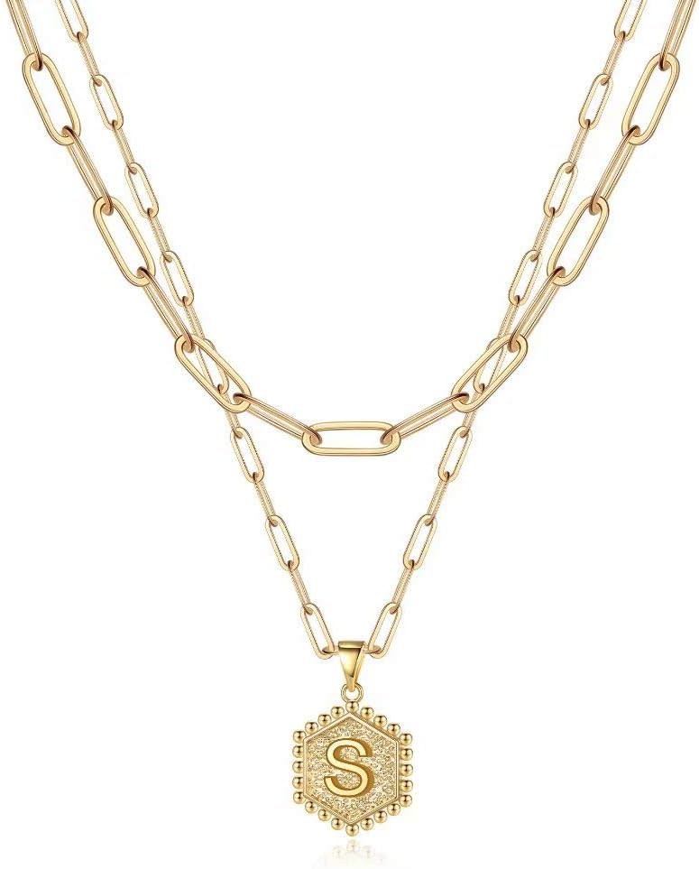 Dainty Initial Necklaces for Women - 14K Gold-Plated Layered Hexagon Design | Perfect Gift for Teens