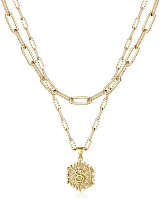 Dainty Initial Necklaces for Women - 14K Gold-Plated Layered Hexagon Design | Perfect Gift for Teens