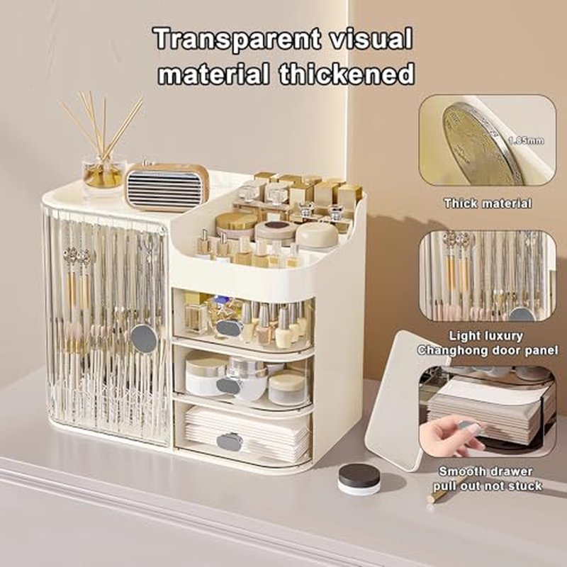 DASITON Makeup Organizer for Vanity,Large Capacity Makeup Storage Organizer with 3-Layer Drawers and Mirror,Cosmetics Display Case Make up Organizers for Vanity,Bedroom,Countertop(Clear-Cream)