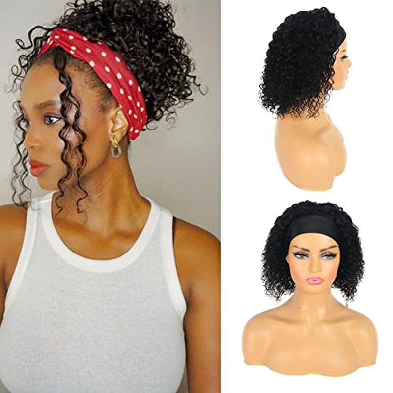 Short Curly Headband Wigs Human Hair Wig for Black Women, Glueless Kinky Curly Weave Wigs 100% Unprocessed Hair None Lace Front Wigs Color 1B 150% Density (14", 1B, Curly)