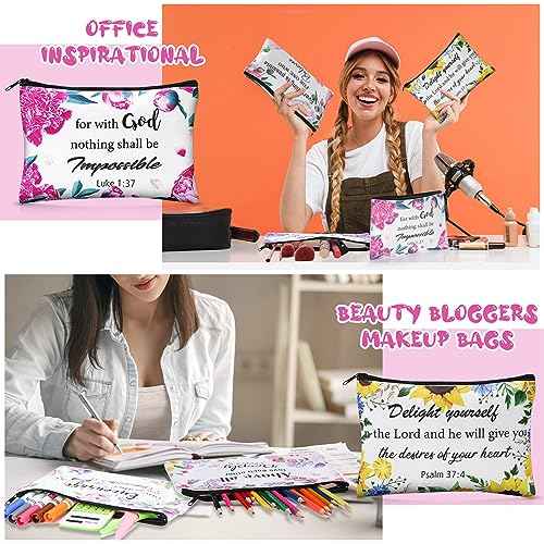24 Pcs Christian Makeup Bag Bible Cosmetic Bags Inspirational Bible Verse Toiletry Pouches Canvas Motivational Pouches with Zipper for Women Organize Cosmetics Toiletries Stationery(Floral)