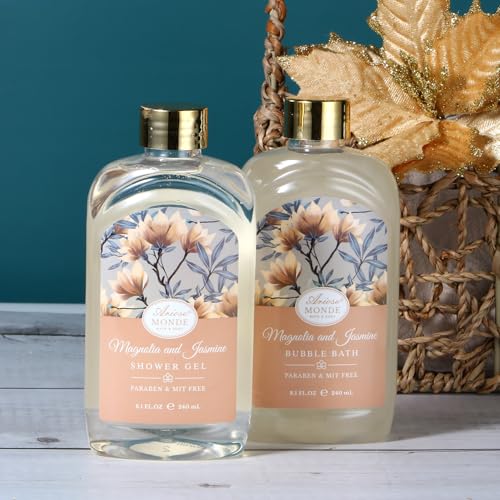 Home Spa Gift Basket, Bath Spa Kit for Women, with Body Lotion, Shower Gel, Bubble Bath, Body Scrub, Bath Salt, Bath Bomb, Bath Gift Set for Mother, Wife Her, with Magnolia and Jasmine Scent