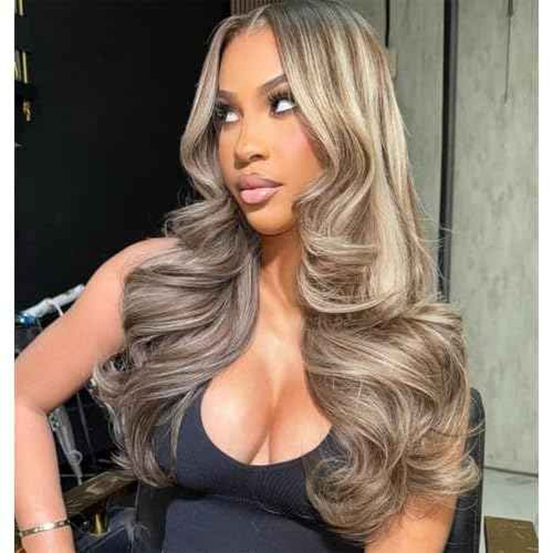 Rina 13x6 Ombre Milk Tea Ash Blonde with Brown Highlights Lace Front Wig Human Hair 210% Density Upgreads Ombre Roots Ash Blonde Highlights Brown Wigs Pre Plucked 13x6 Hd Lace Wig for Women 20 Inch