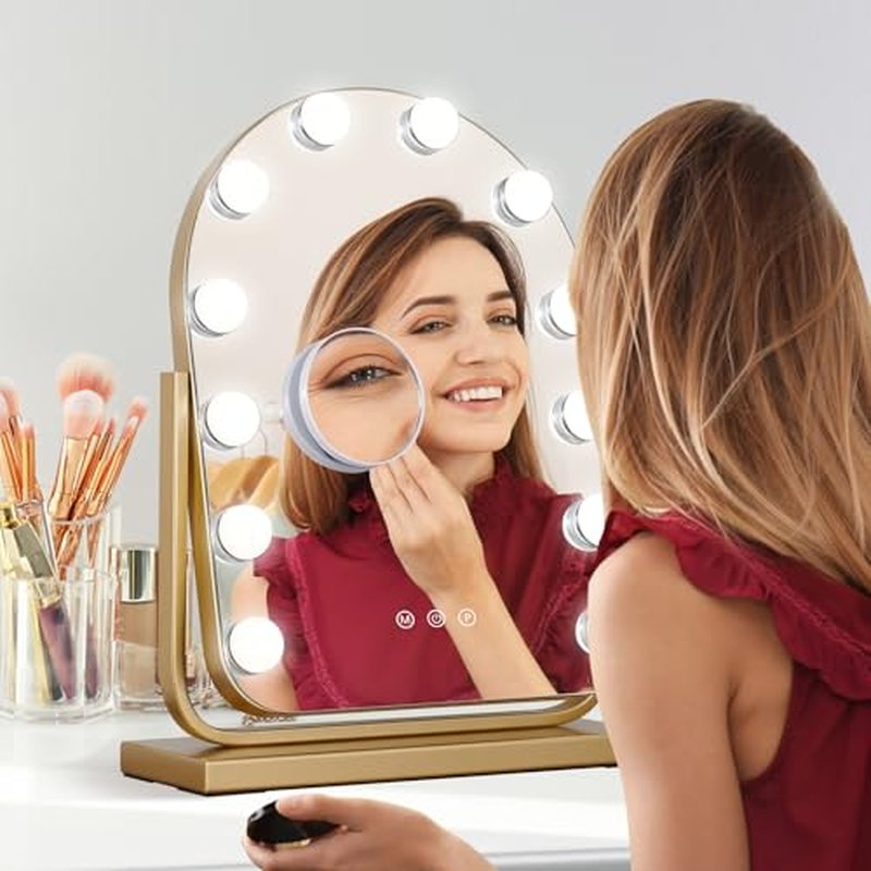 Vanity Mirror with Lights,17.3"¡¿13" Lighted Makeup Mirror with 12 Dimmable LED Bulbs,10X Magnification Smart Touch Control Hollywood Mirror with Lights,3 Colors Dimmable,360¡Æ Rotation (Gold)