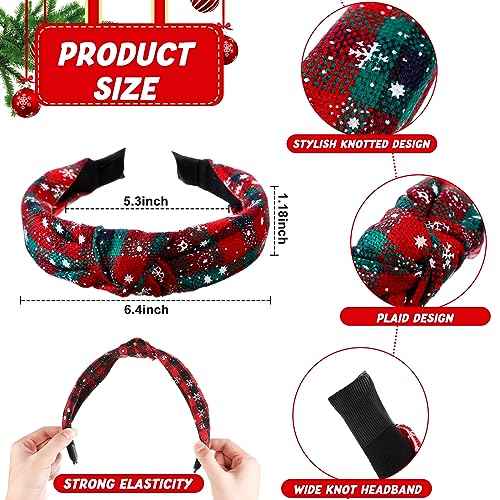 Yilloog 12 Pcs Christmas Knotted Retro Hair Band Snowflake Buffalo Plaid Headband Green Red for Women Wide Accessories Holiday Hoop Hairband for Yoga Run Work